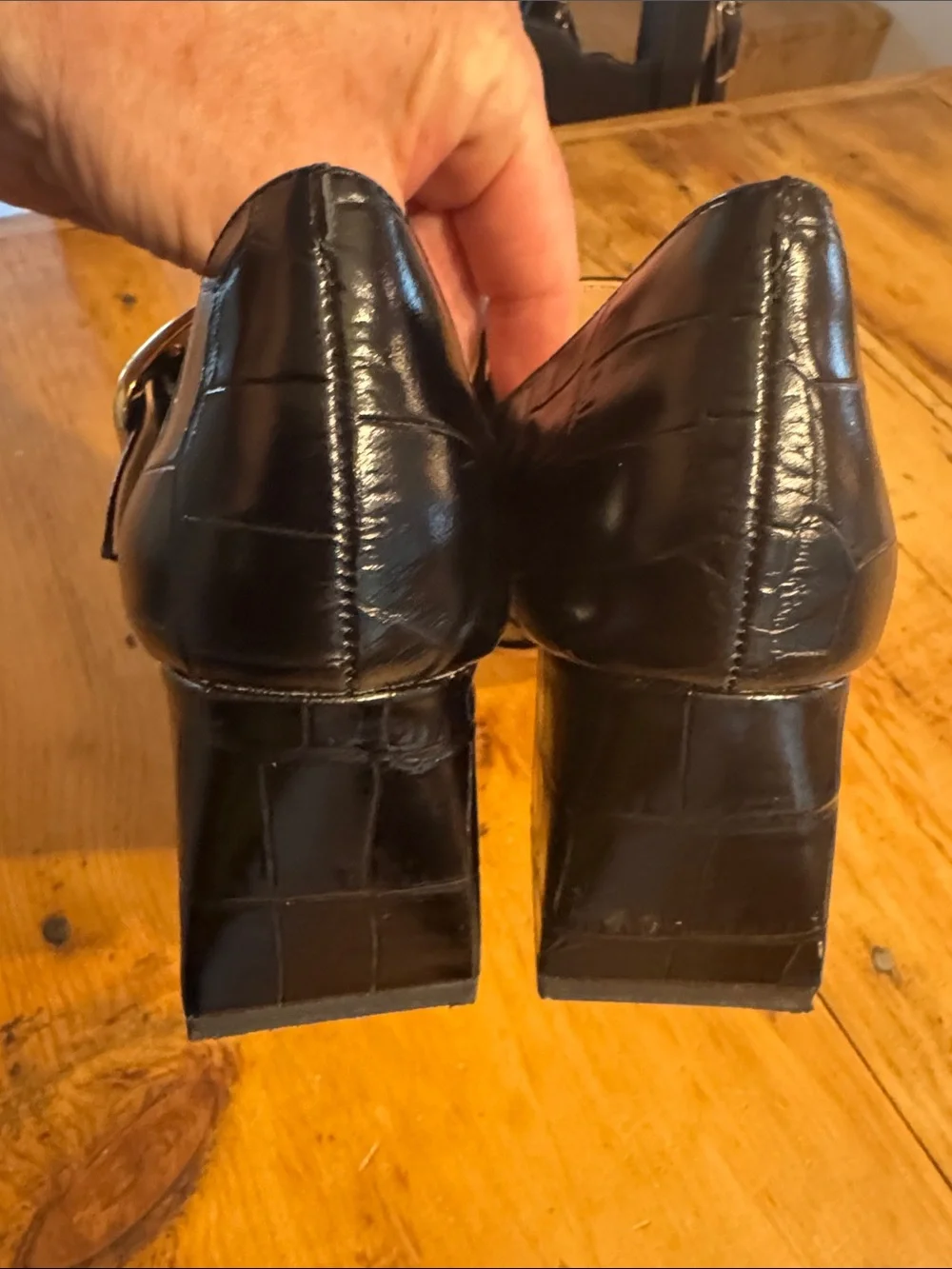 J.Crew Black Croc Embossed Leather Mary Jane Block Heel Pumps Size 7